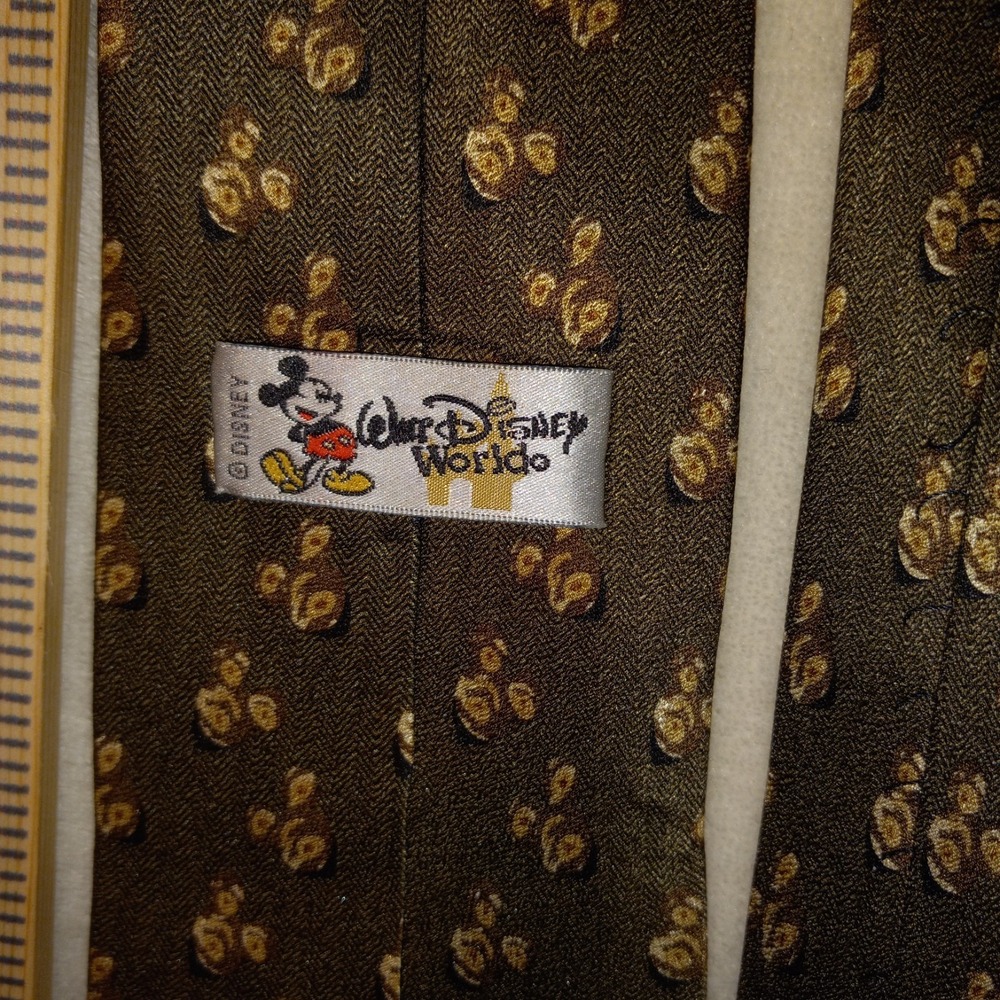 Walt Disney World Mickey Mouse Brown Geometric Mens Neck Tie 100% Silk Handmade